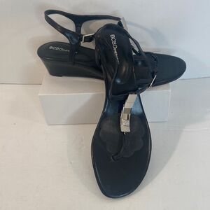 BCBG Black 2 Inch Wedge Strap Open Toe W/Silver Metal Detail Sandal, Size-9.5 B